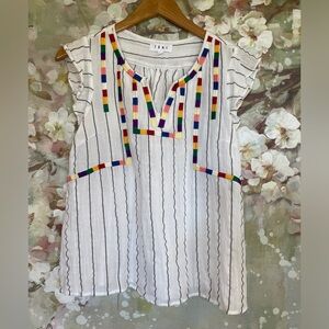 THML•Striped Flutter Sleeve Embroidered Top•Sz Small
